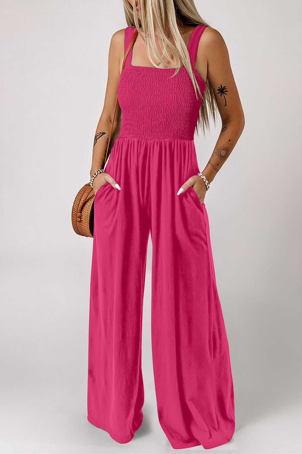 Peacock Blue Smocked Square Neck Sleeveless Jumpsuit with Pockets