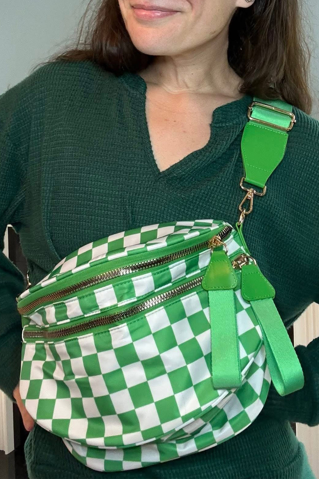 Chestnut Checkered Print Wide Strap Large Crossbody Bag