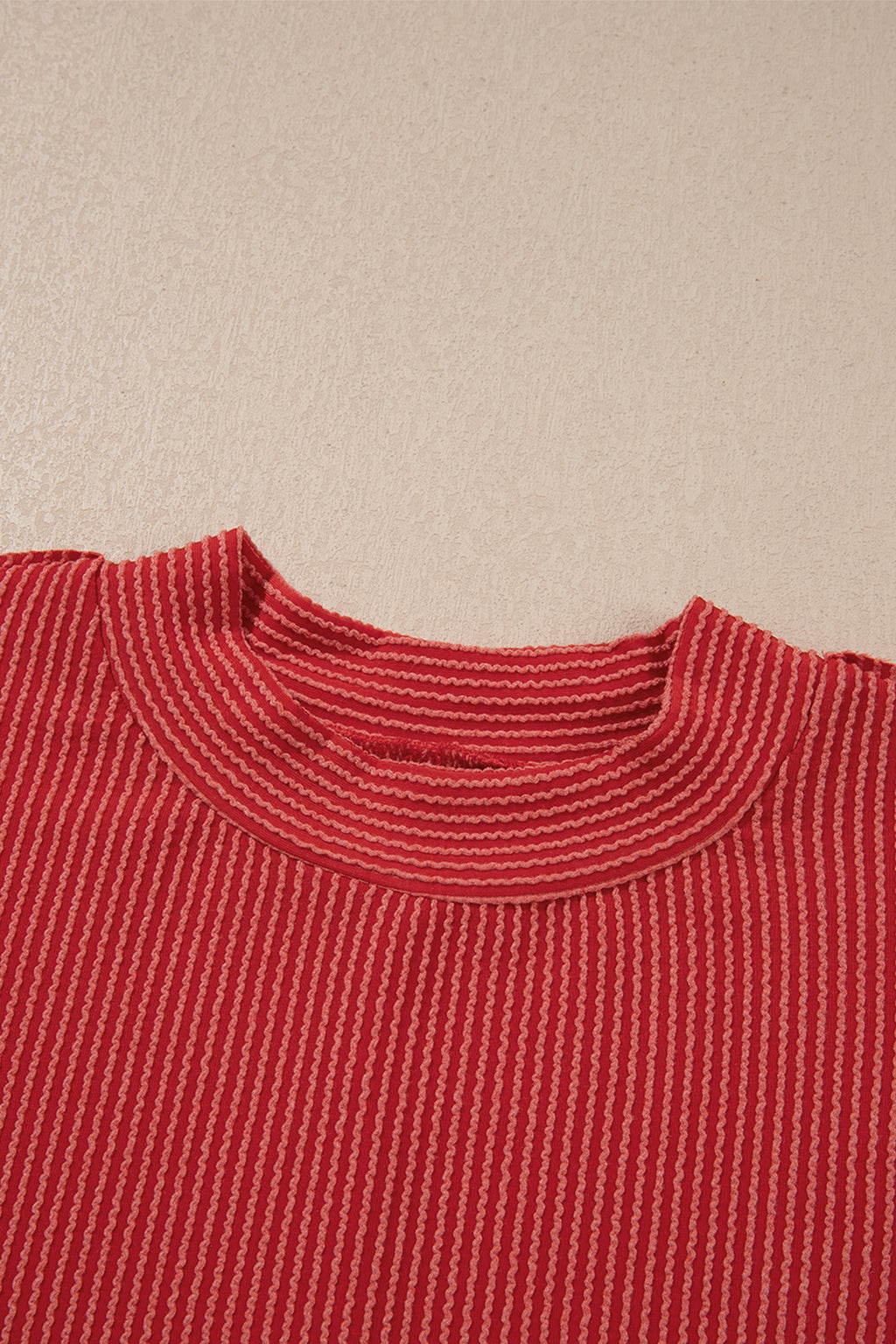 Fiery Red Twist Ribbed Tunic Round Neck Bracelet Sleeve Plus Size Blouse