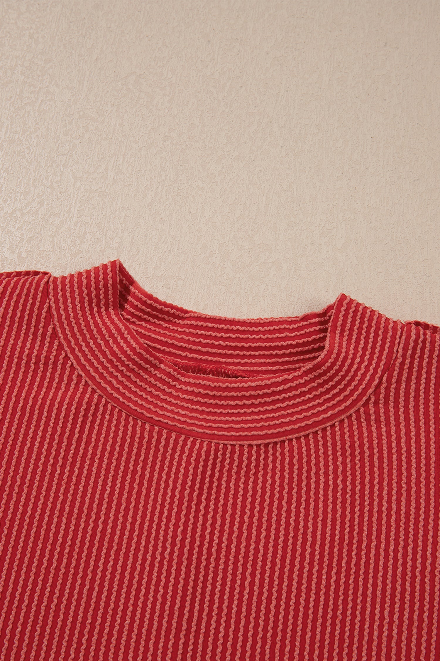 Fiery Red Twist Ribbed Tunic Round Neck Bracelet Sleeve Plus Size Blouse
