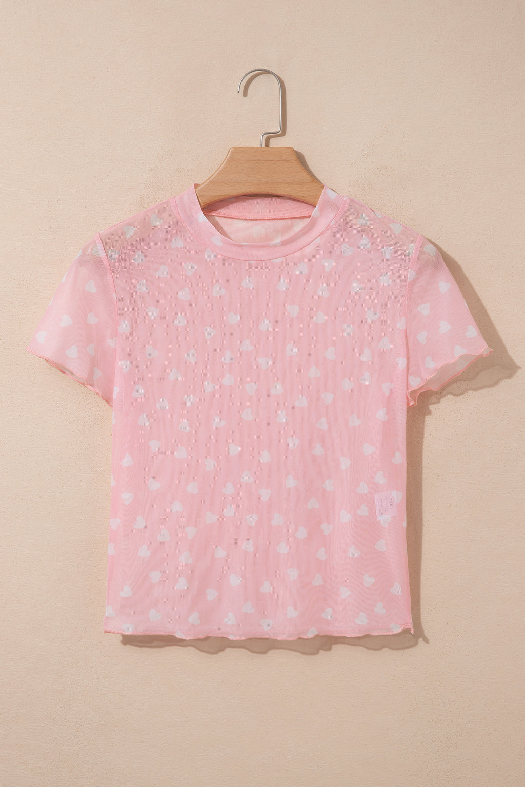 Pink Allover Heart Print Mesh Short Sleeve Top