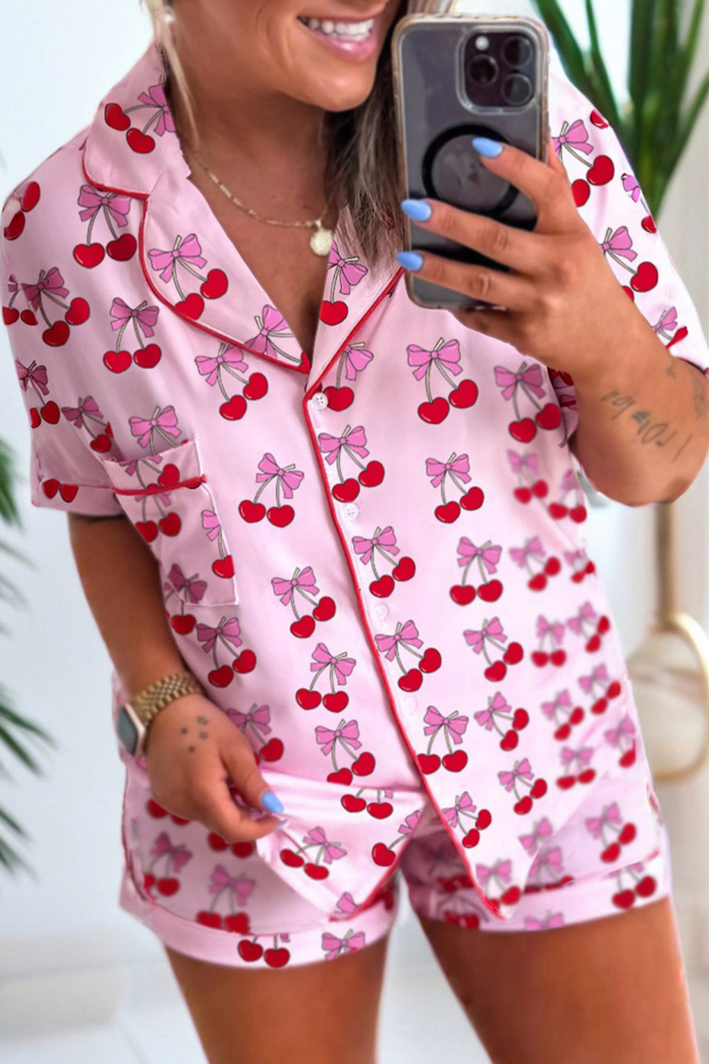 Sky Blue Bow Print Short Pajama Set