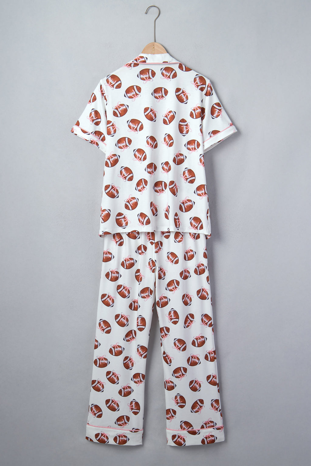 White Rugby Print Short Sleeve Button Down Top Loose Pants Game Day Pajama Set