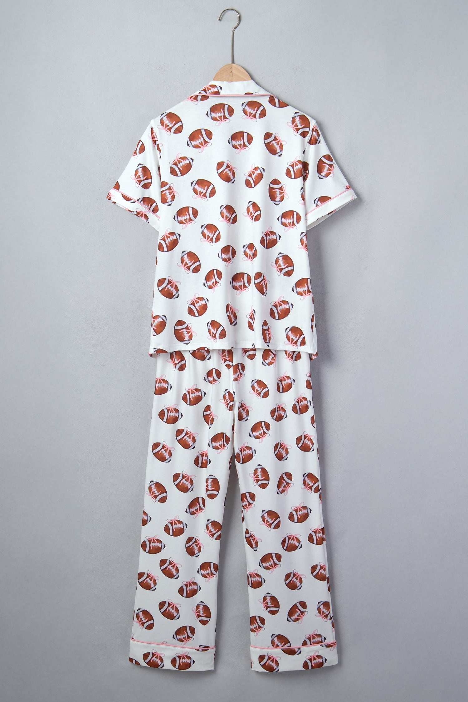 White Rugby Print Short Sleeve Button Down Top Loose Pants Game Day Pajama Set