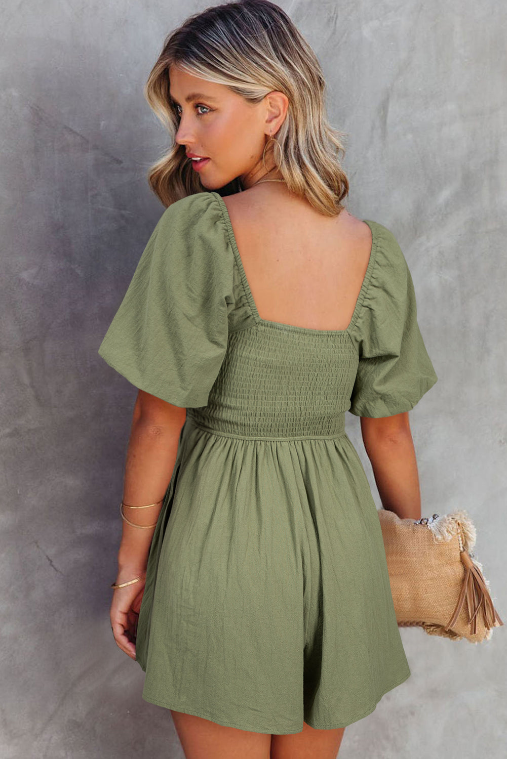 Sky Blue Brown Square Neck Ruched Puff Sleeve Romper