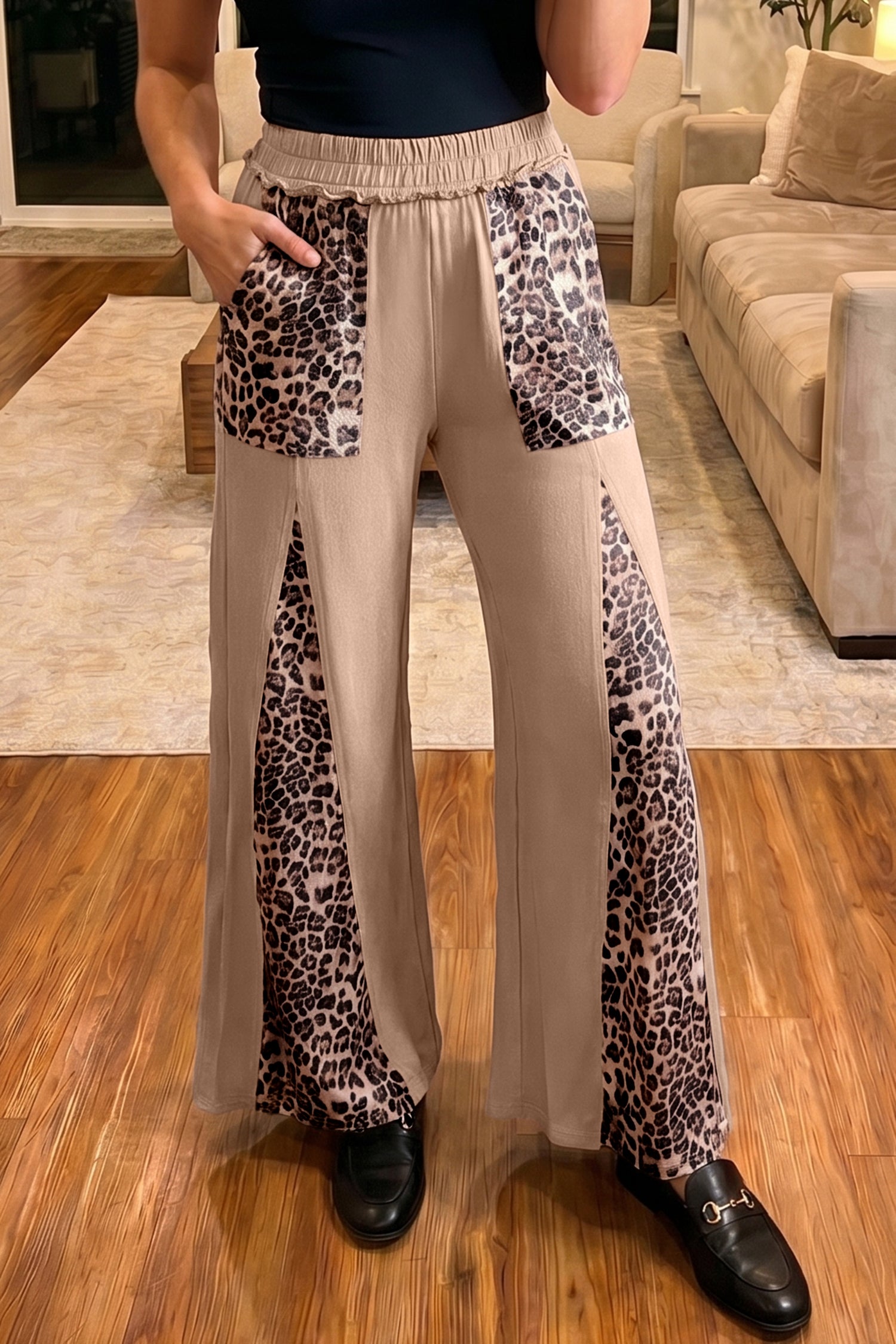 Straw Yellow Mineral Wash Leopard Patchwork Wide Leg Pants
