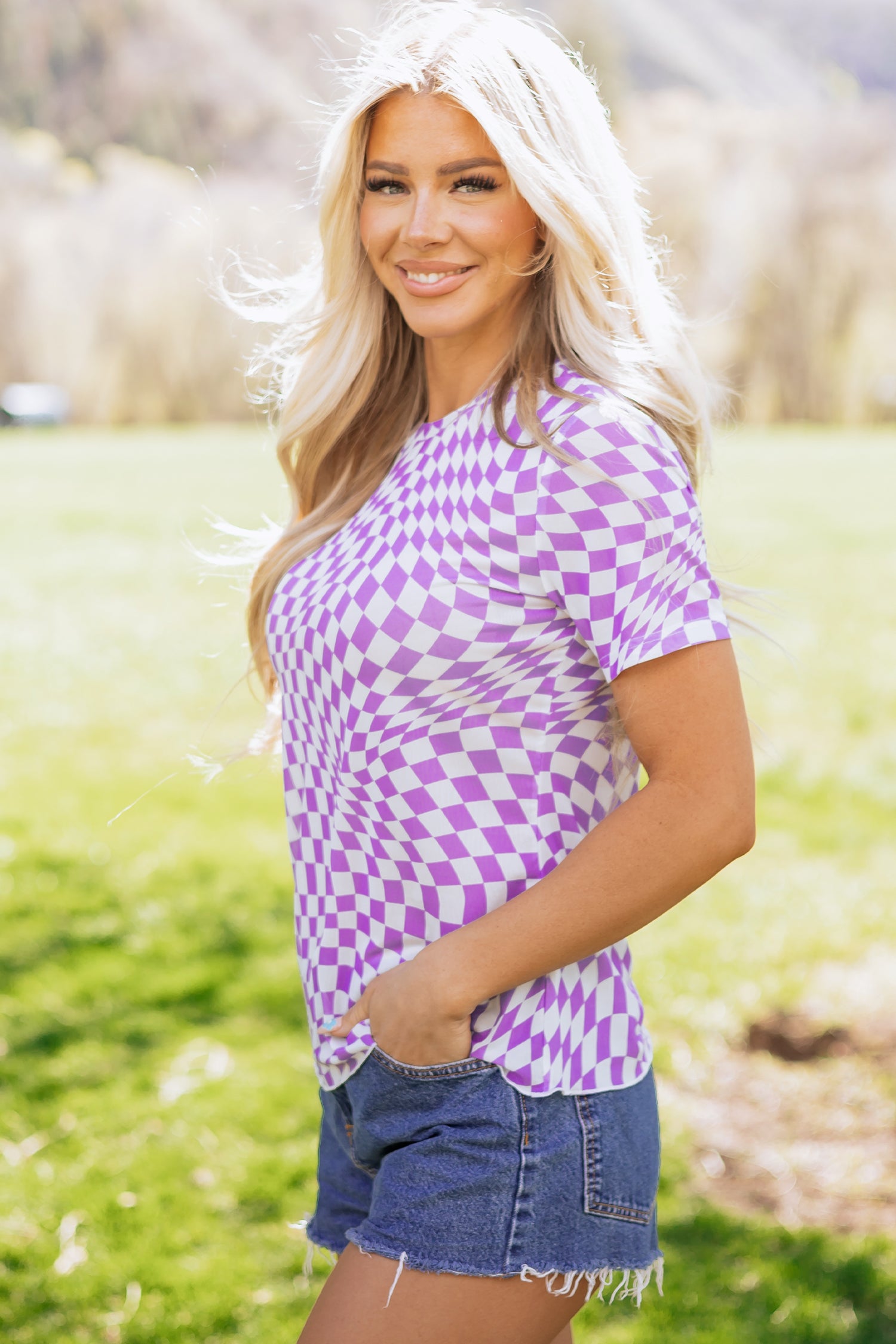 Khaki Checkered Print Crew Neck Mesh T Shirt