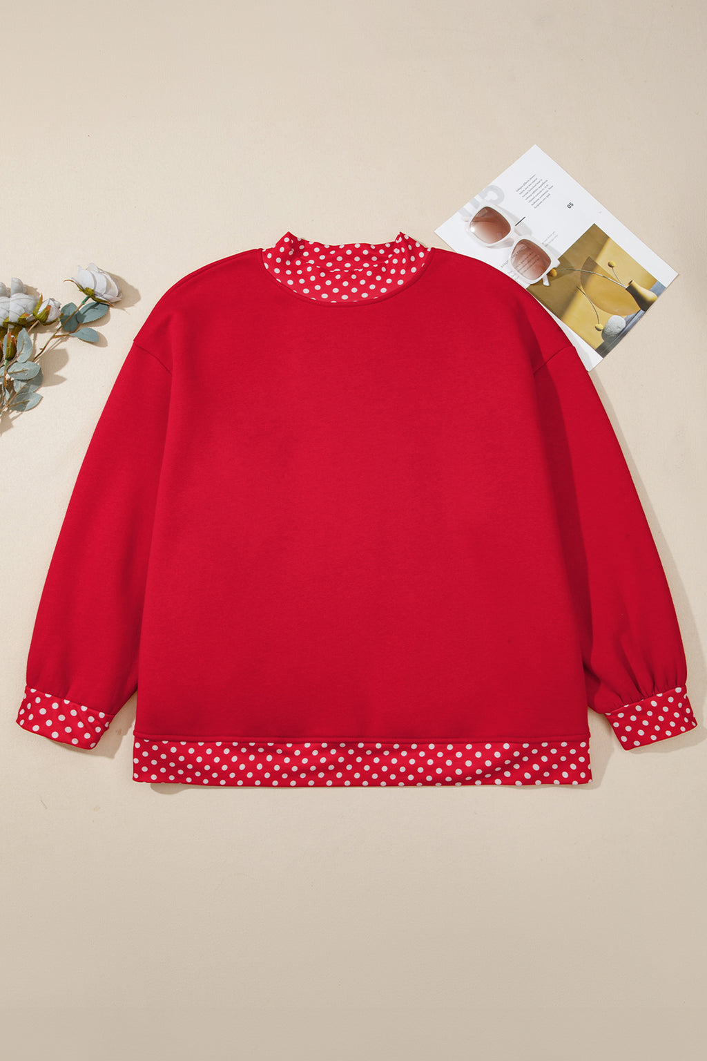 Dark Green Polka Dot Patchwork Round Neck Plus Size Sweatshirt