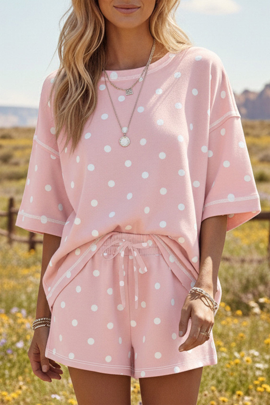 Sky Blue Polka Dot Short Sleeve Loose Top Drawstring Shorts Set