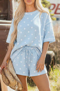 Sky Blue Polka Dot Short Sleeve Loose Top Drawstring Shorts Set