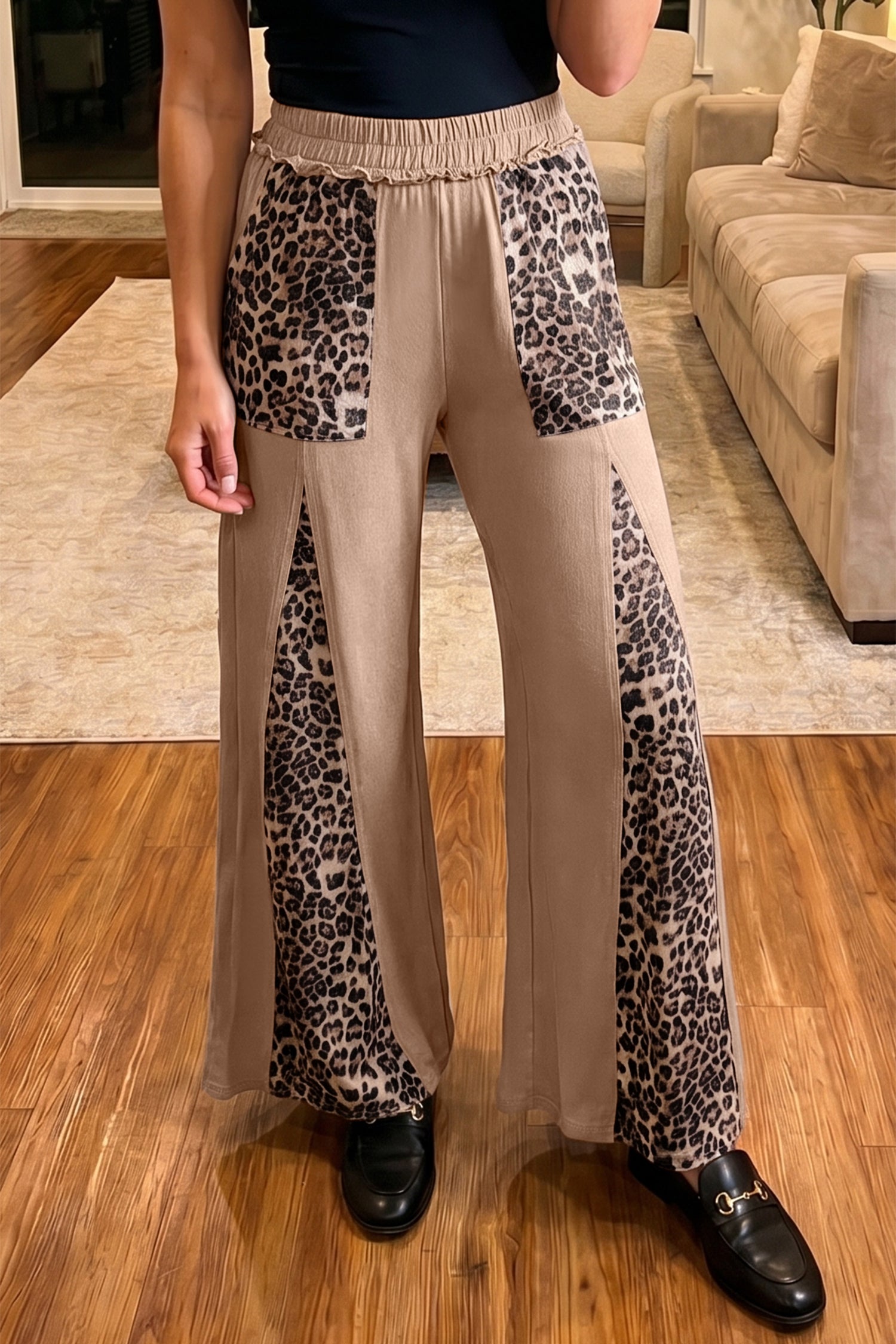 Straw Yellow Mineral Wash Leopard Patchwork Wide Leg Pants