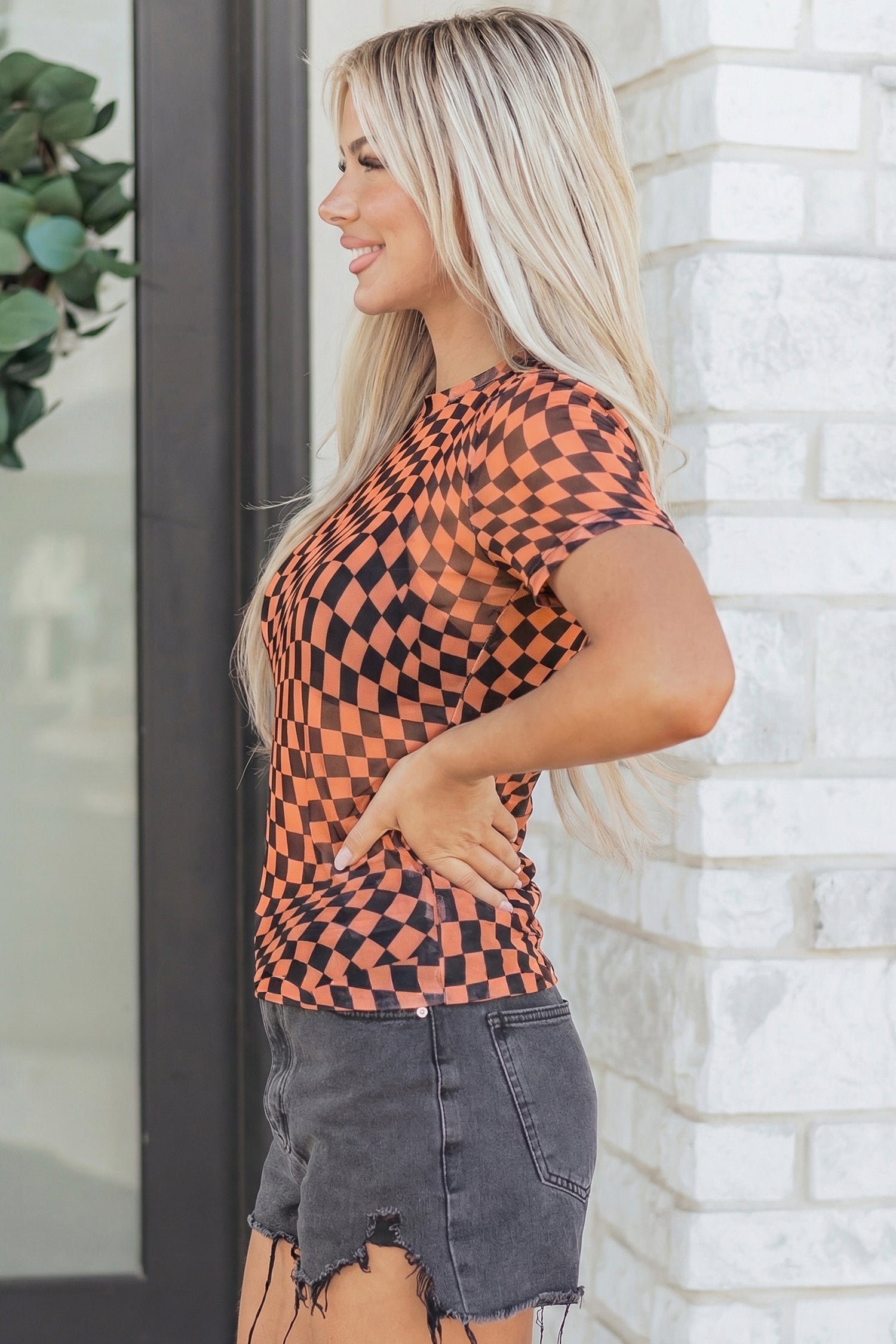 Khaki Checkered Print Crew Neck Mesh T Shirt