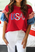 Fiery Red Sequin USA Lettering Patriotic Contrast Splicing Sleeve Top