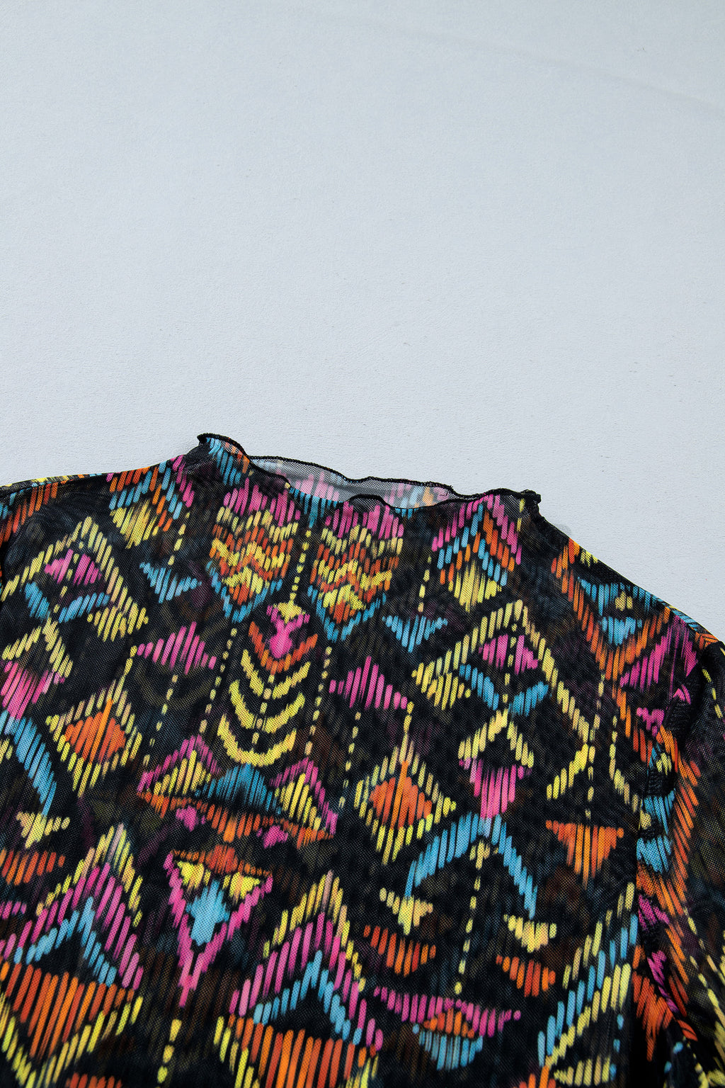 Color black Abstract Print Long Sleeve Stand Neck Mesh Top