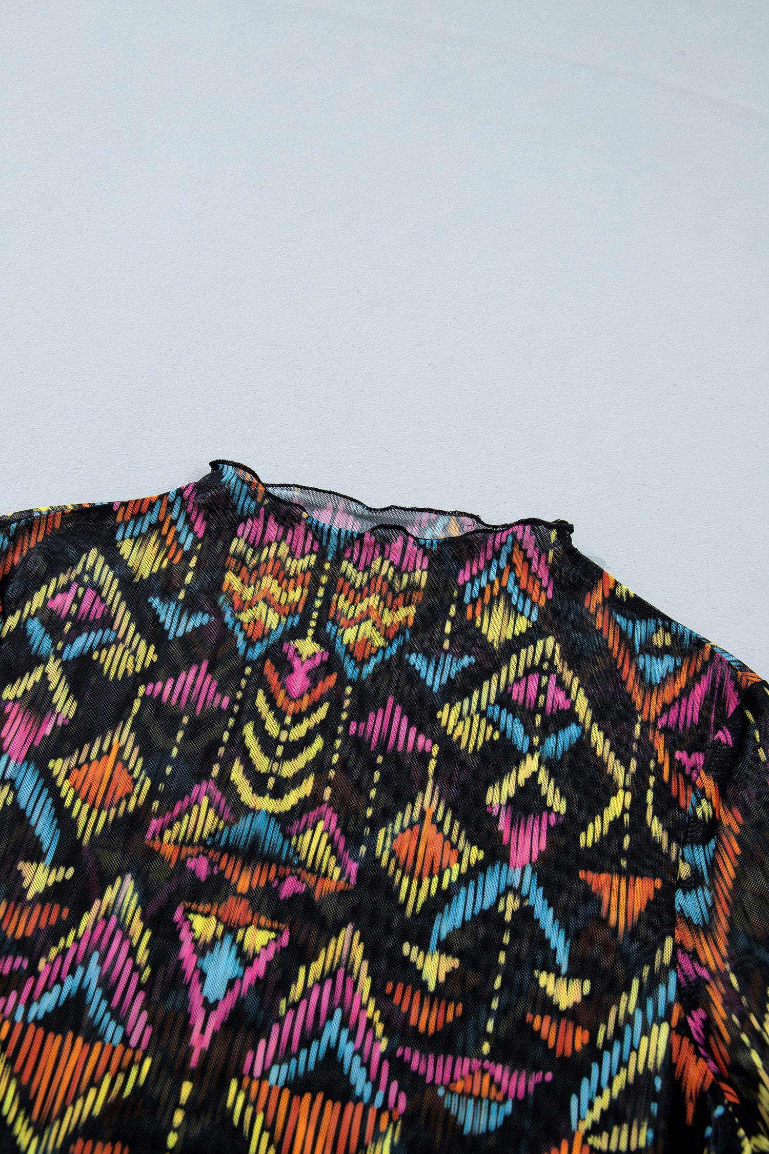 Color black Abstract Print Long Sleeve Stand Neck Mesh Top