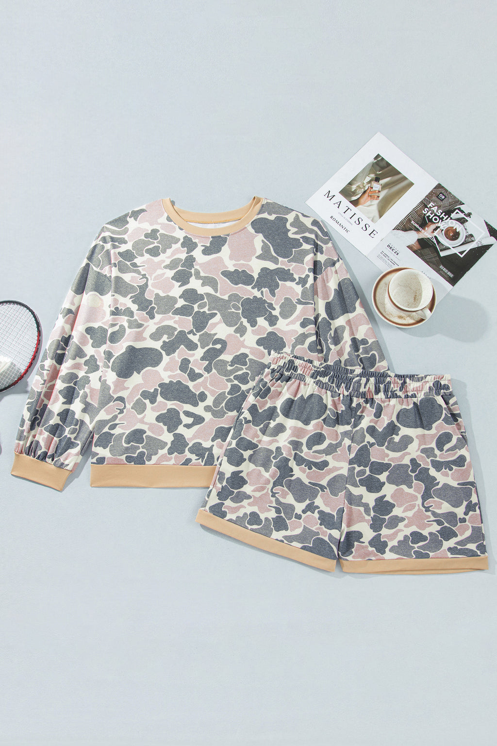 Multicolour Camouflage Print Round Neck Drop Shoulder Pullover Plus Size Shorts Set
