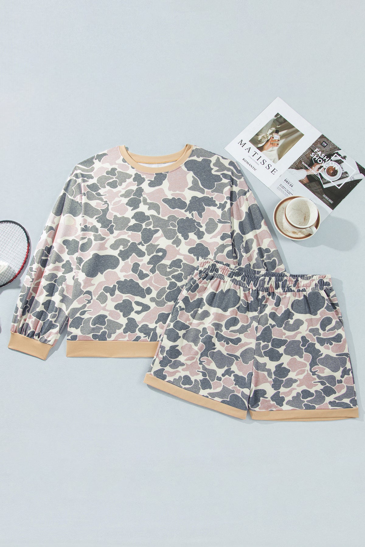 Multicolour Camouflage Print Round Neck Drop Shoulder Pullover Plus Size Shorts Set