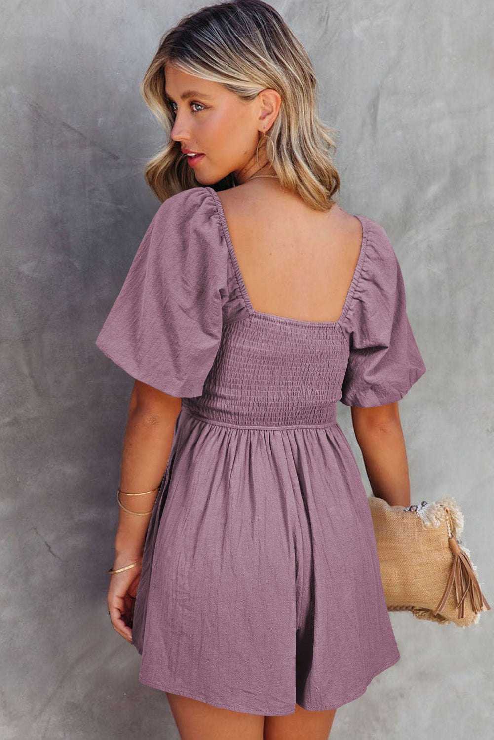 Sky Blue Brown Square Neck Ruched Puff Sleeve Romper