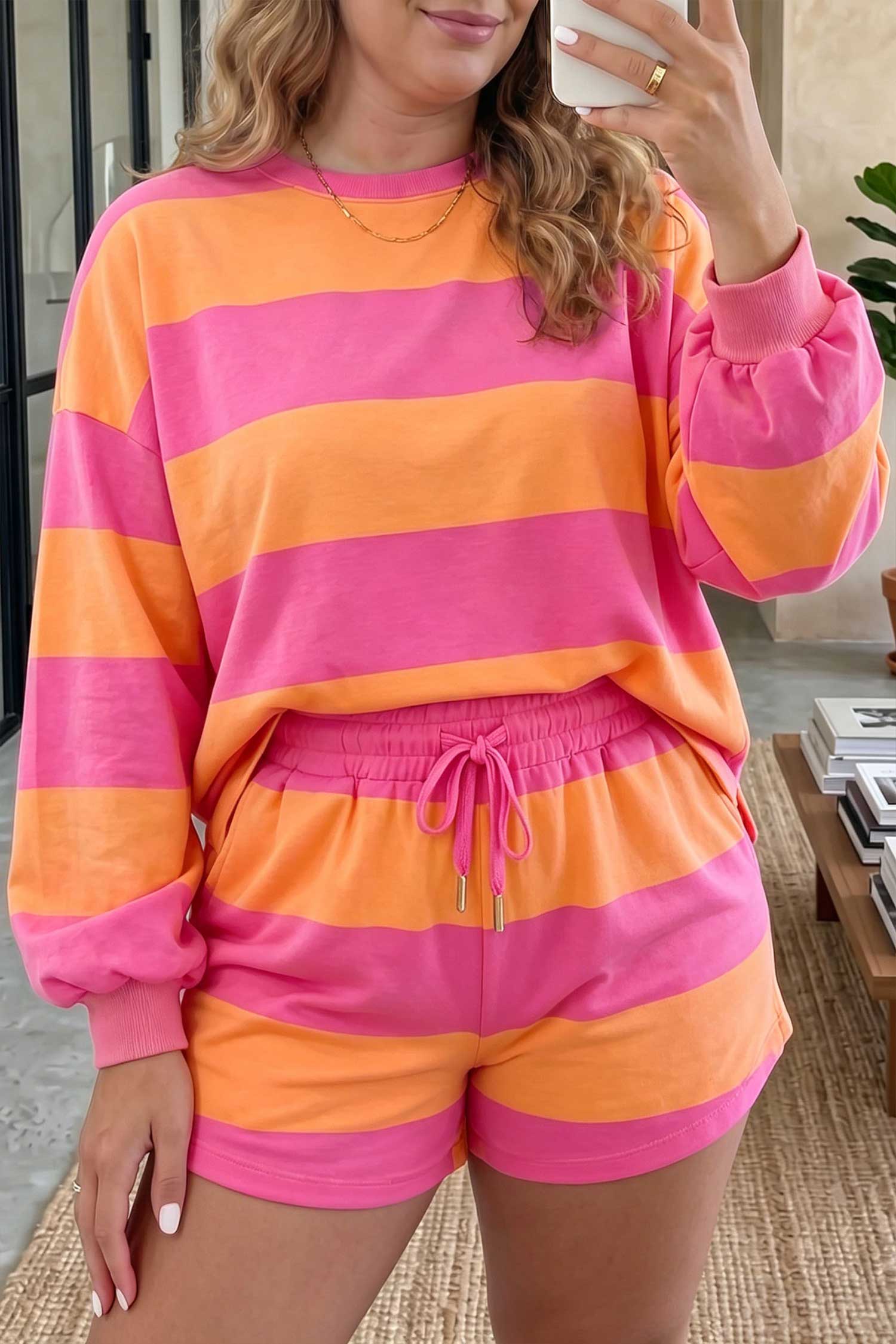 Pink Stripe Plus Size Horizontal Color Block Long Sleeve Top Drawstring Short Set
