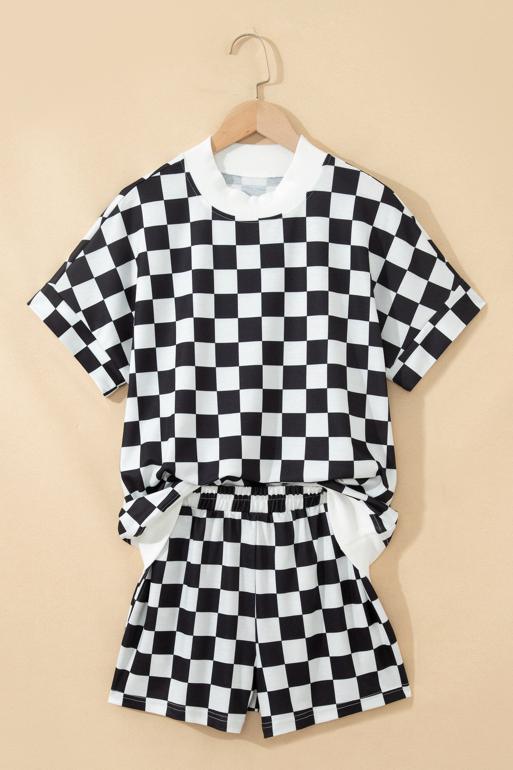 Black Checkered Print Color Block Trim Mock Neck Short Set