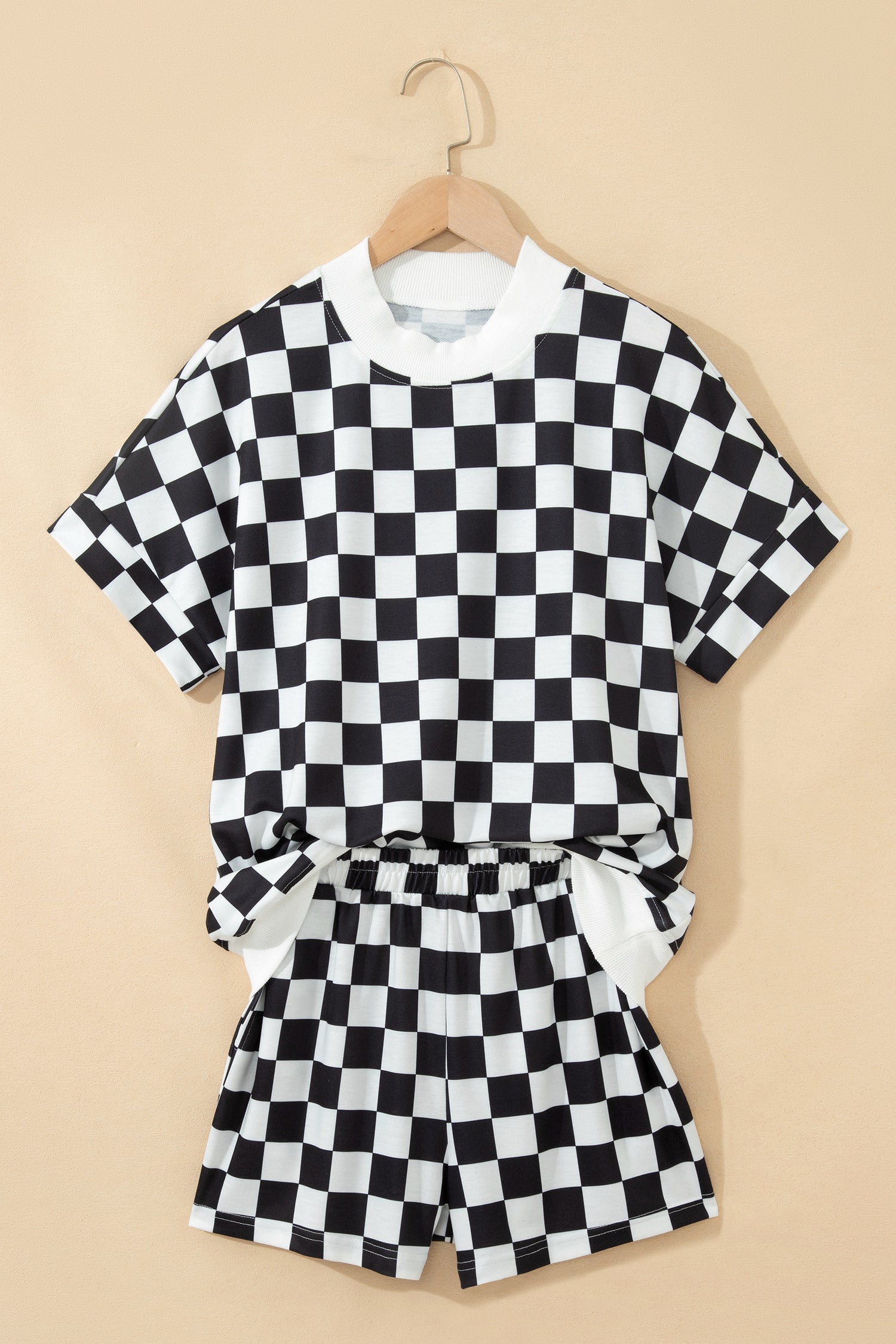 Black Checkered Print Color Block Trim Mock Neck Short Set
