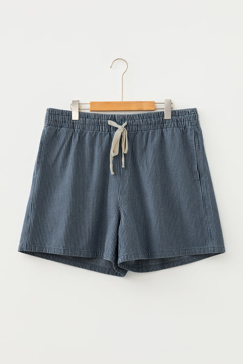 Blue Stripe Plus Size Contrast Drawstring Elastic Waist Denim Shorts