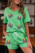 Mint Green Sequin Mardi Gras Mask V Neck Tee Drawstring Shorts 2pcs Outfit