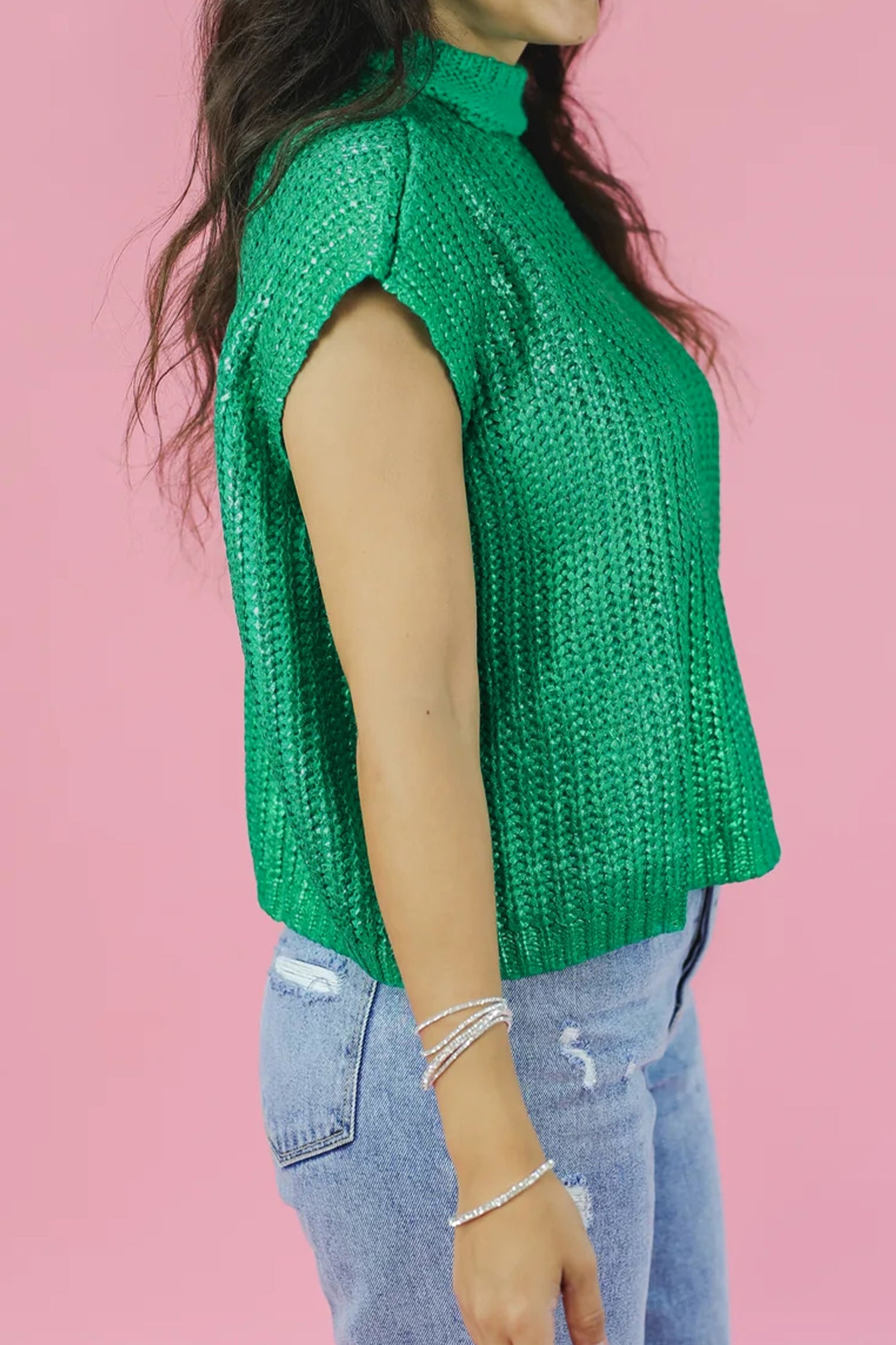 Wisteria Solid Color Knit High Neck Short Sleeve Sweater