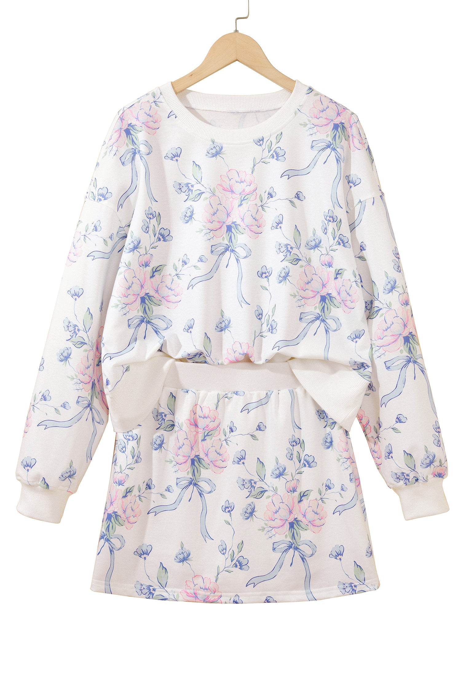 White Floral Print Long Sleeve Top Elastic Waist Skort Two Piece Dresses