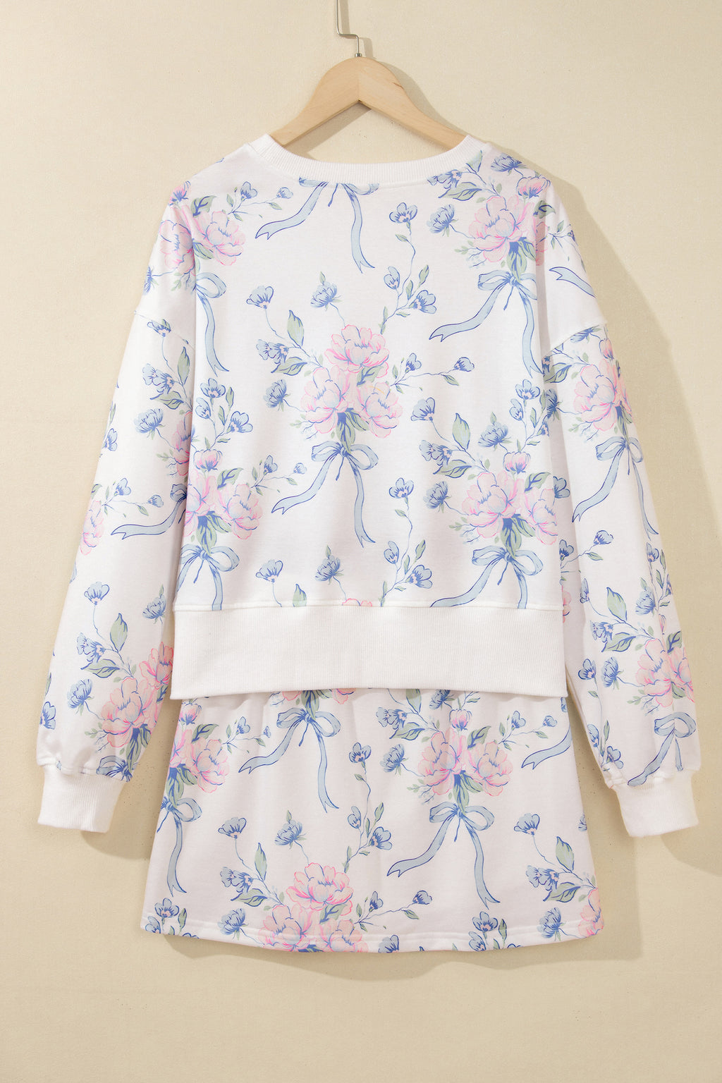White Floral Print Long Sleeve Top Elastic Waist Skort Two Piece Dresses