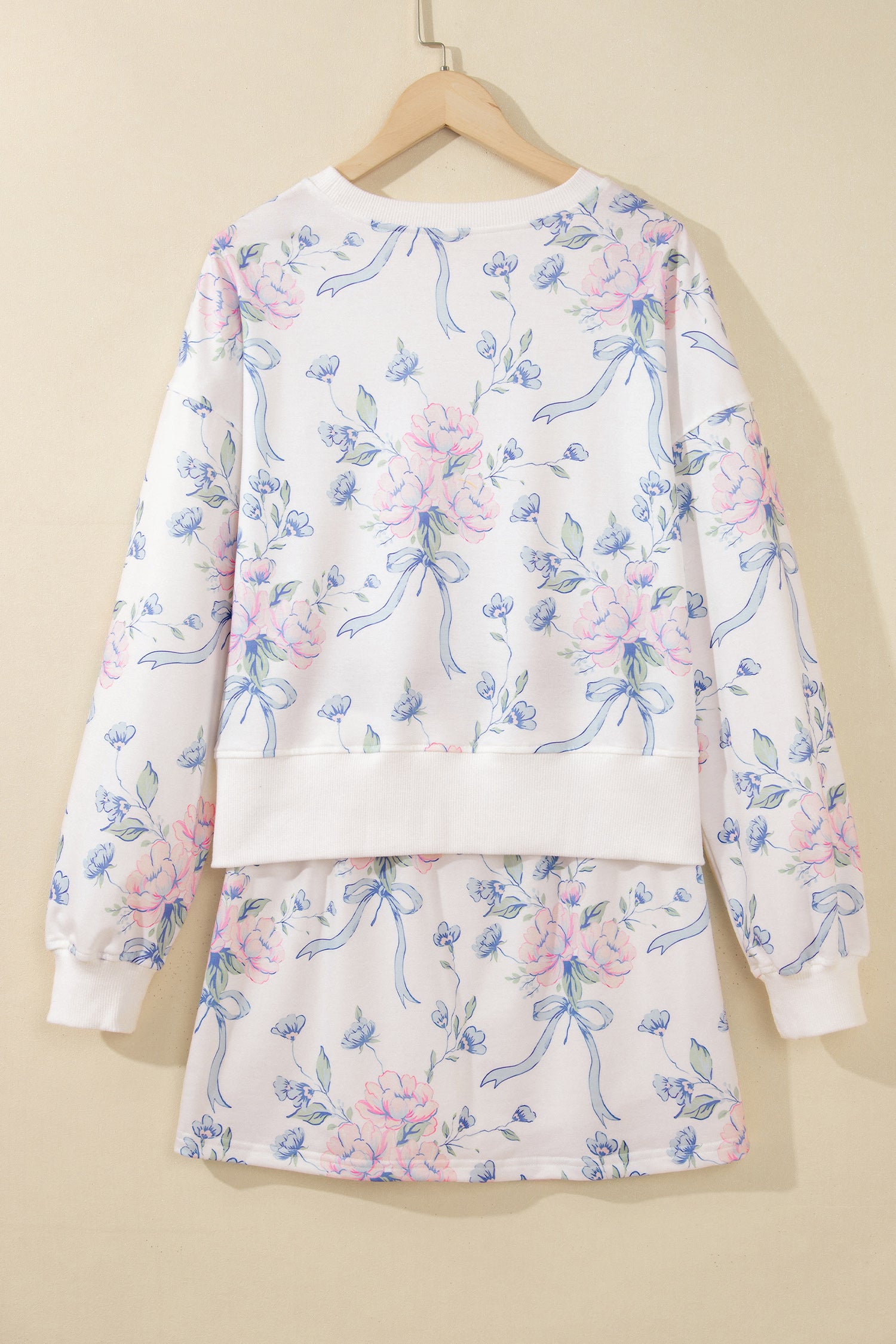 White Floral Print Long Sleeve Top Elastic Waist Skort Two Piece Dresses