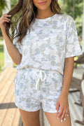 Multicolour Camouflage Print Casual Tee Drawstring Short Set