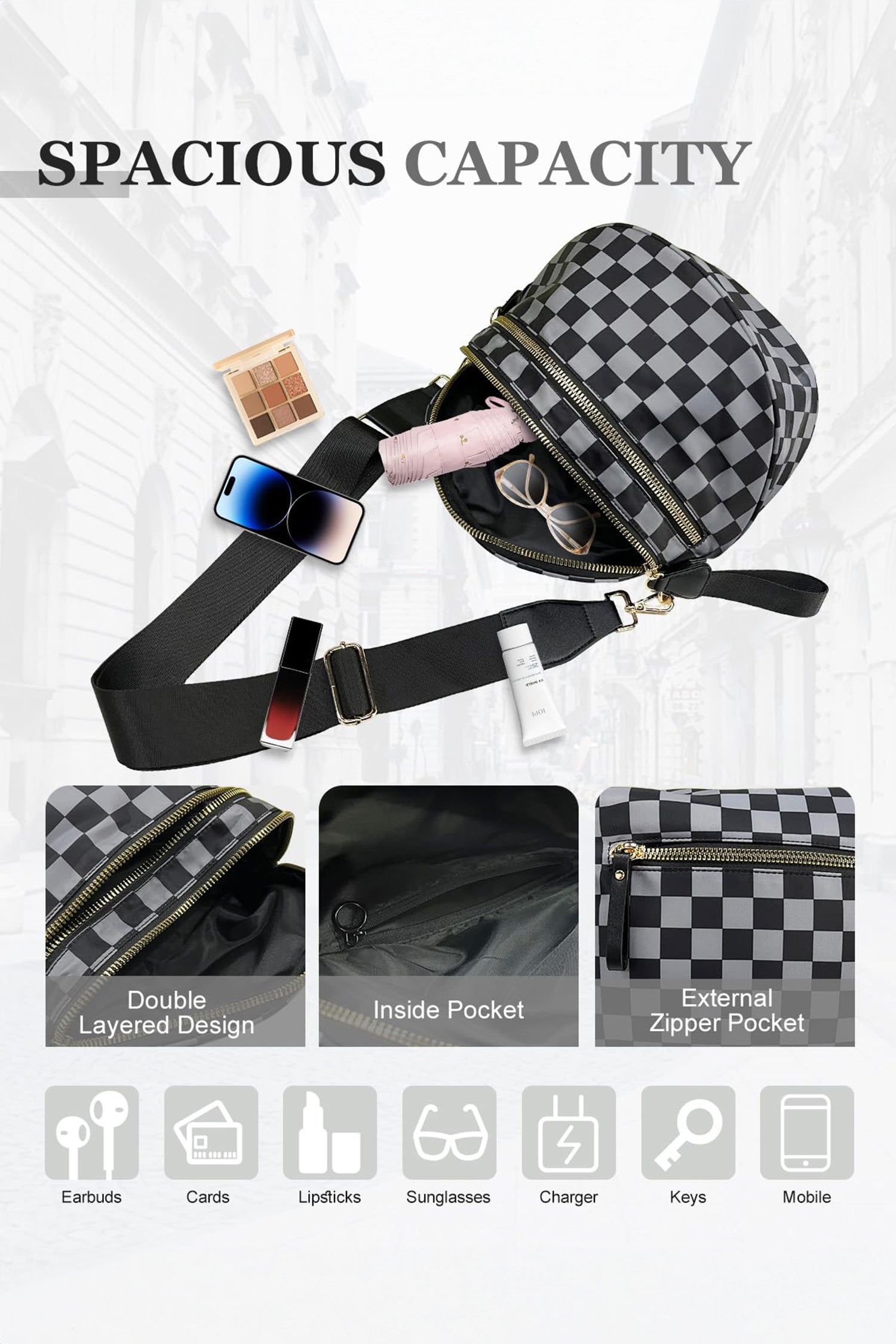 Chestnut Checkered Print Wide Strap Large Crossbody Bag