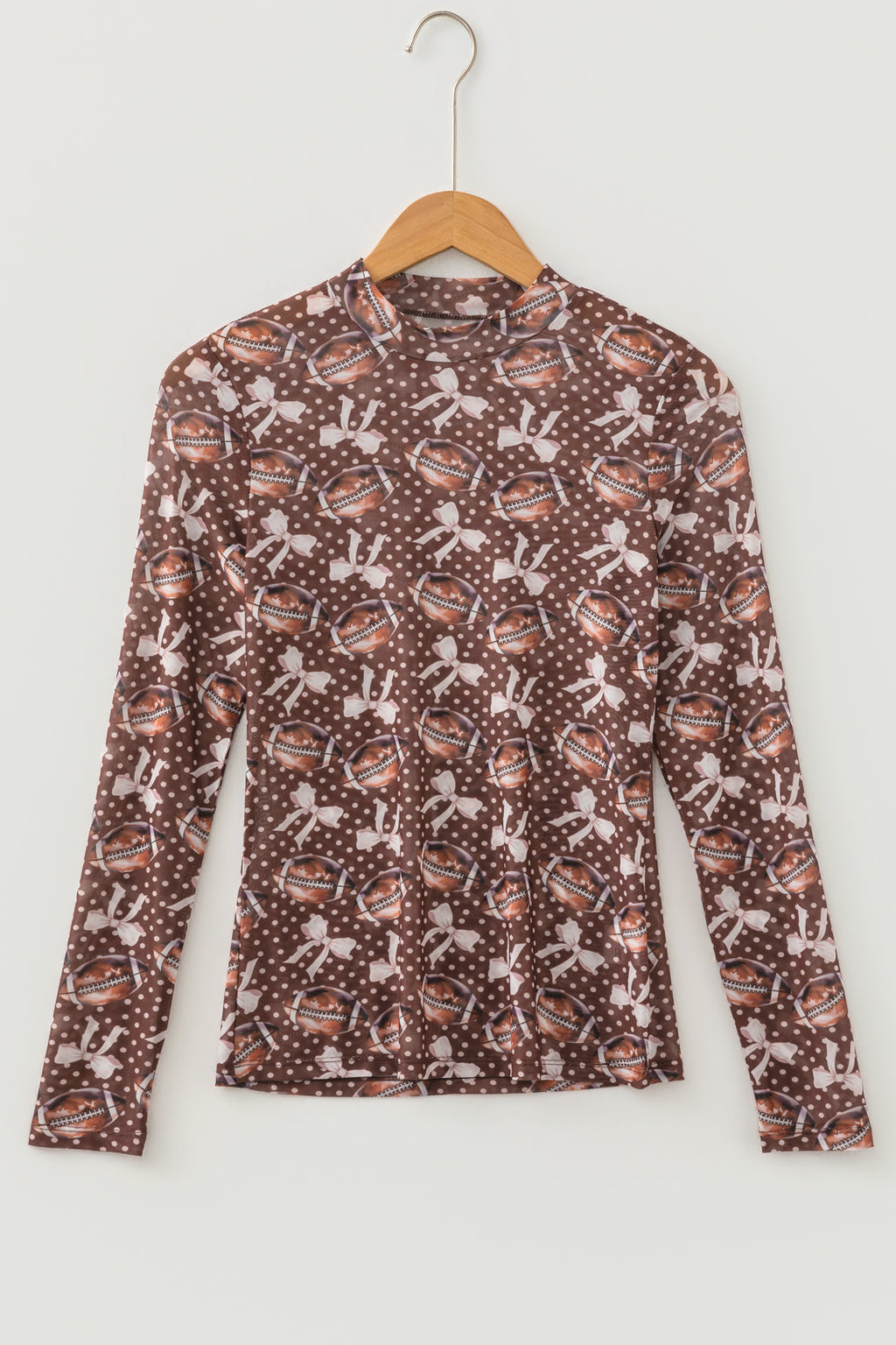 Brown Polka Dot Bow Football Print Long Sleeve Mesh Top