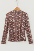 Brown Polka Dot Bow Football Print Long Sleeve Mesh Top
