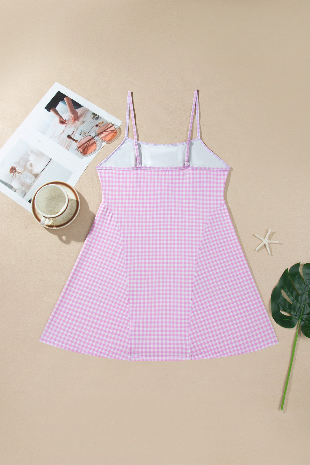 Pink Gingham Plaid Double Layered Cami Mini Dress 3pcs Set
