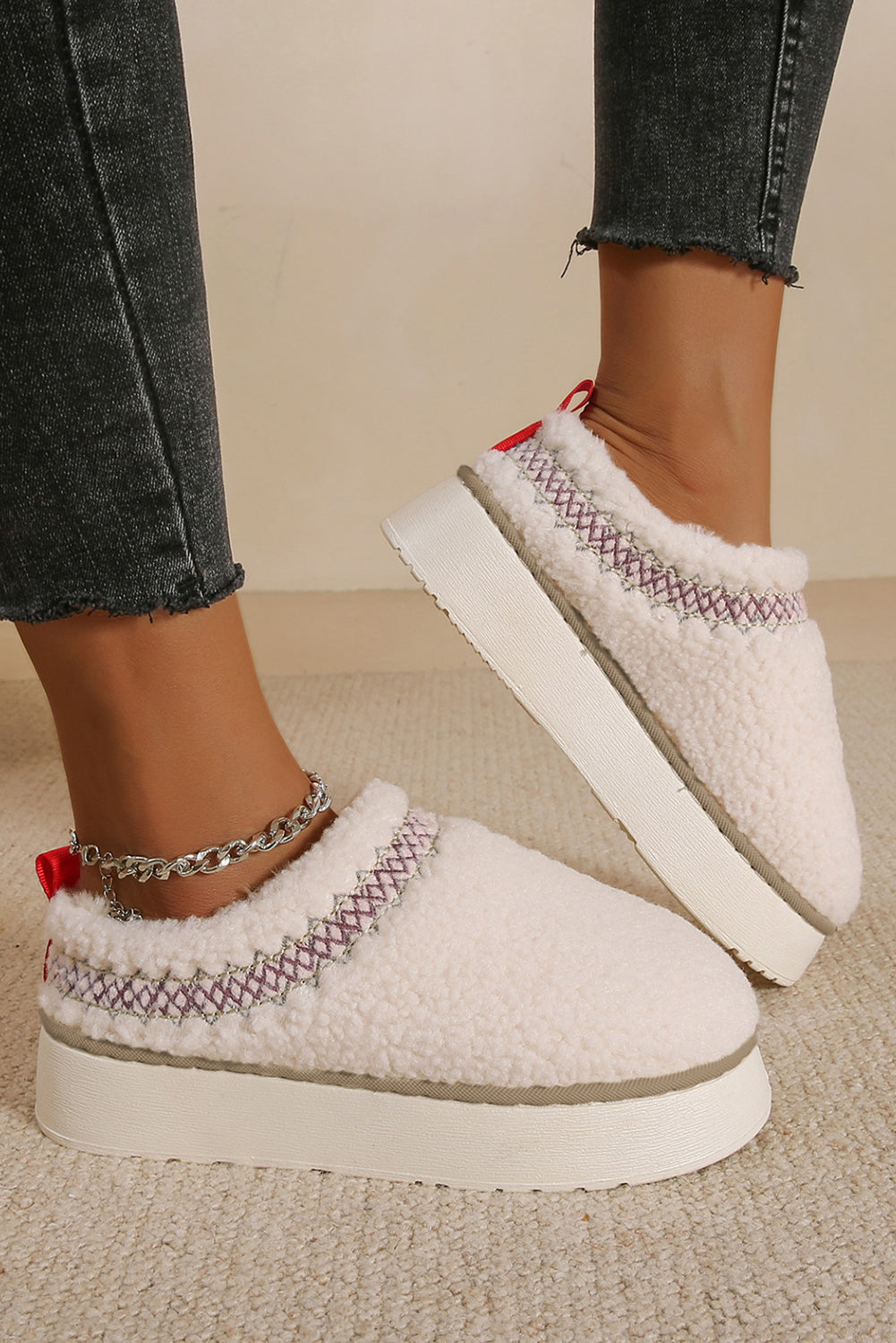Oatmeal Soft Plush Embroidered Detail Flat Platform Slippers