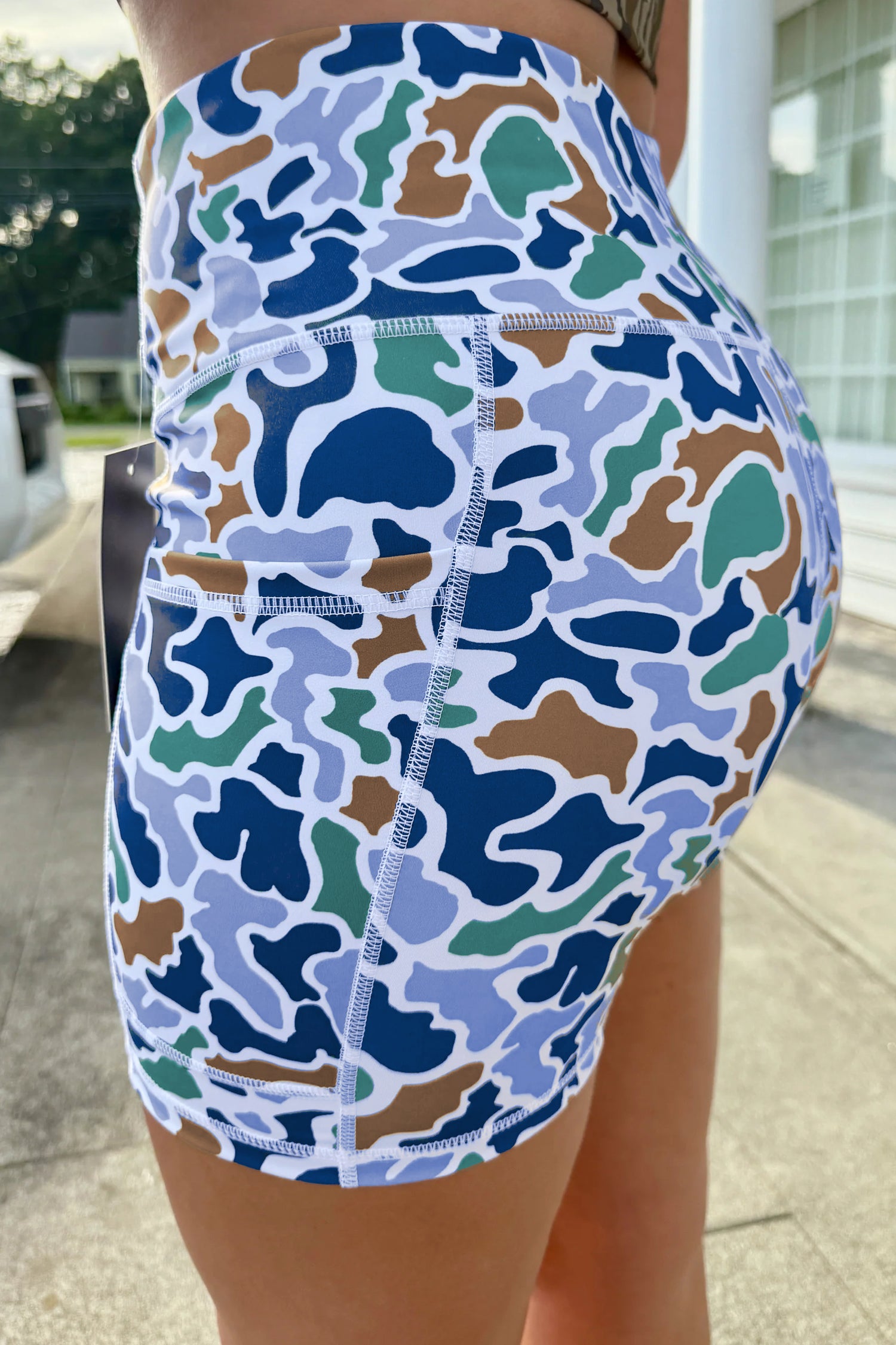 Sky Blue Abstract Camo Printed Seam Detail Biker Shorts