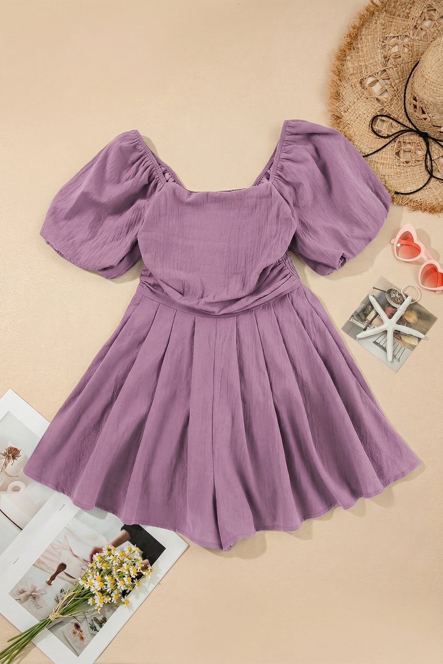 Sky Blue Brown Square Neck Ruched Puff Sleeve Romper