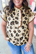 Khaki Plus Size Leopard Print Frilled Color Block Trim Button Down Short Sleeve Blouse