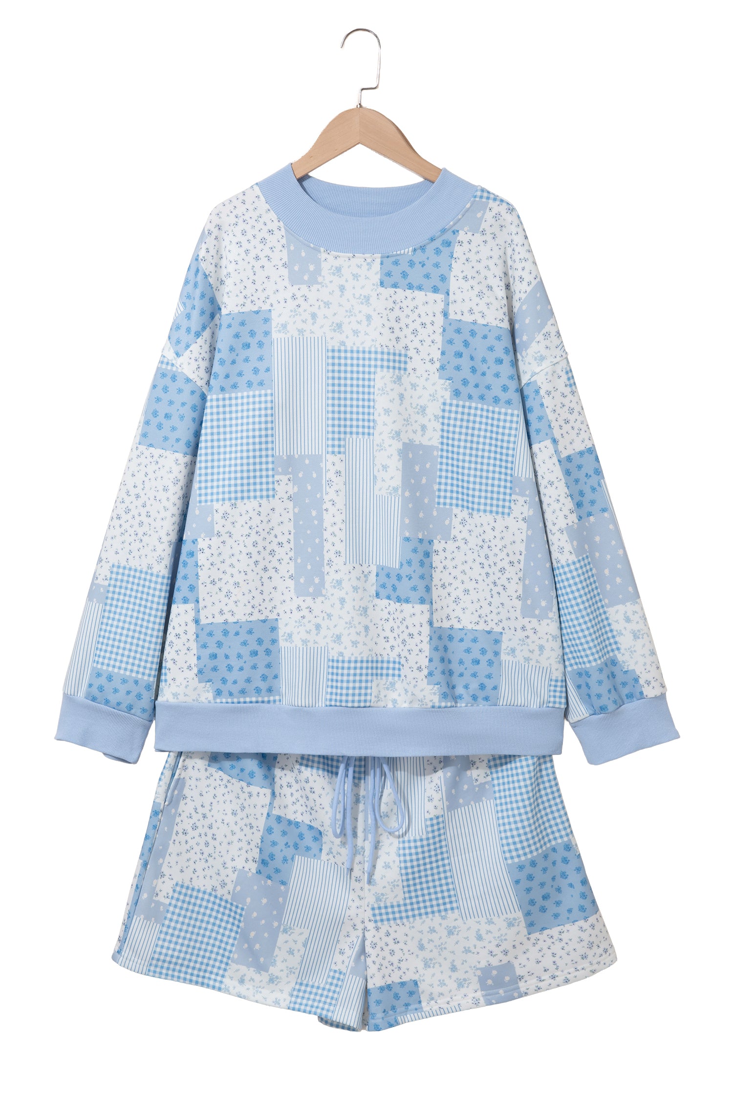 Sky Blue Patchwork Floral Print Stand Neck Long Sleeve Two-piece Outfit Plus Size Set
