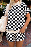 Black Checkered Print Color Block Trim Mock Neck Short Set