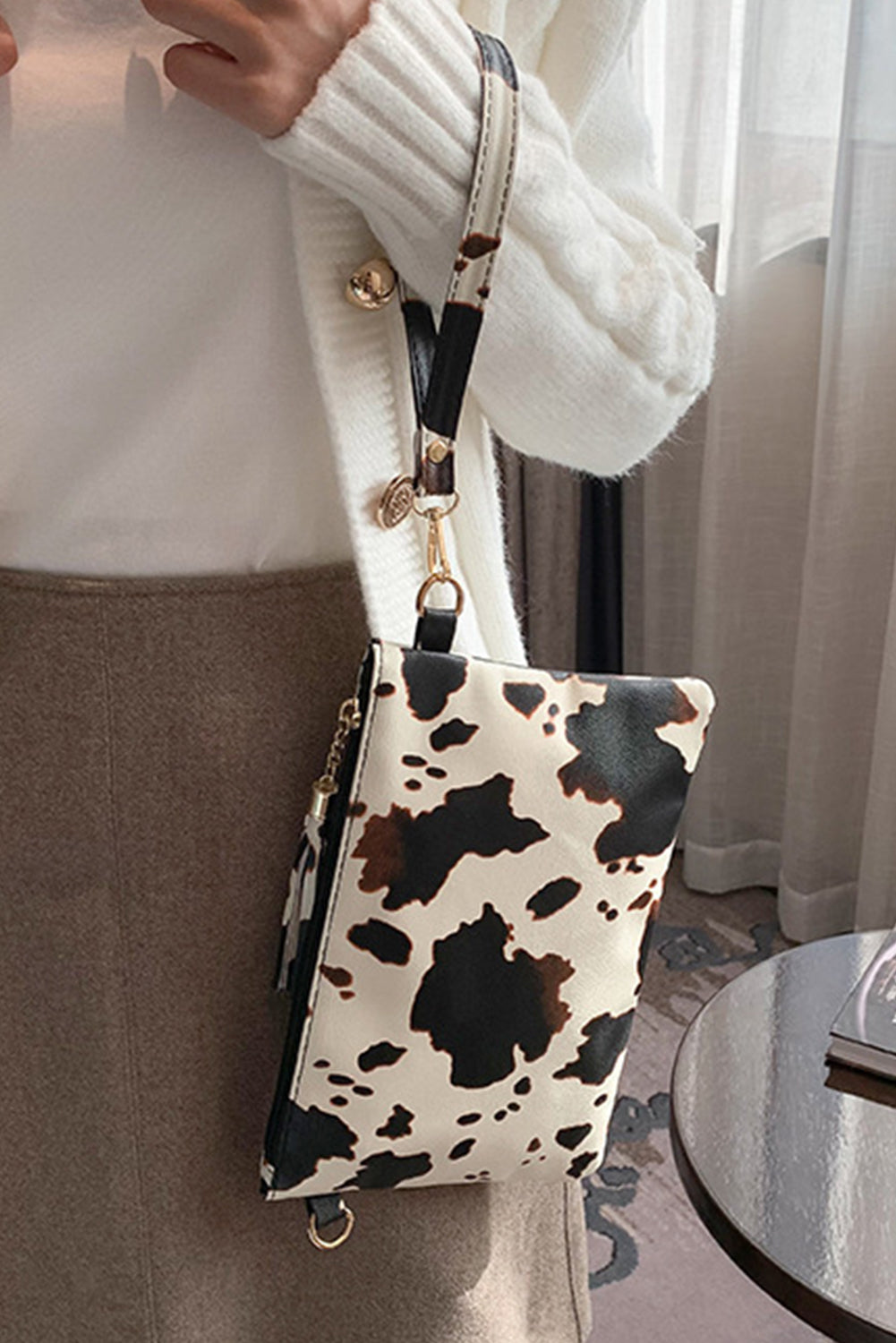 White Leopard/Cow Print Wrist Strap Zipped Wallet