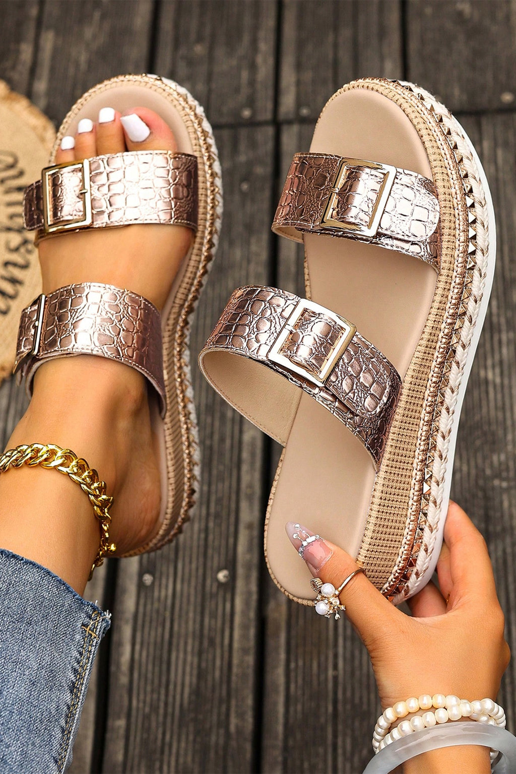 Gold Metallic Textured PU Leather Buckle Wedge Platform Slippers