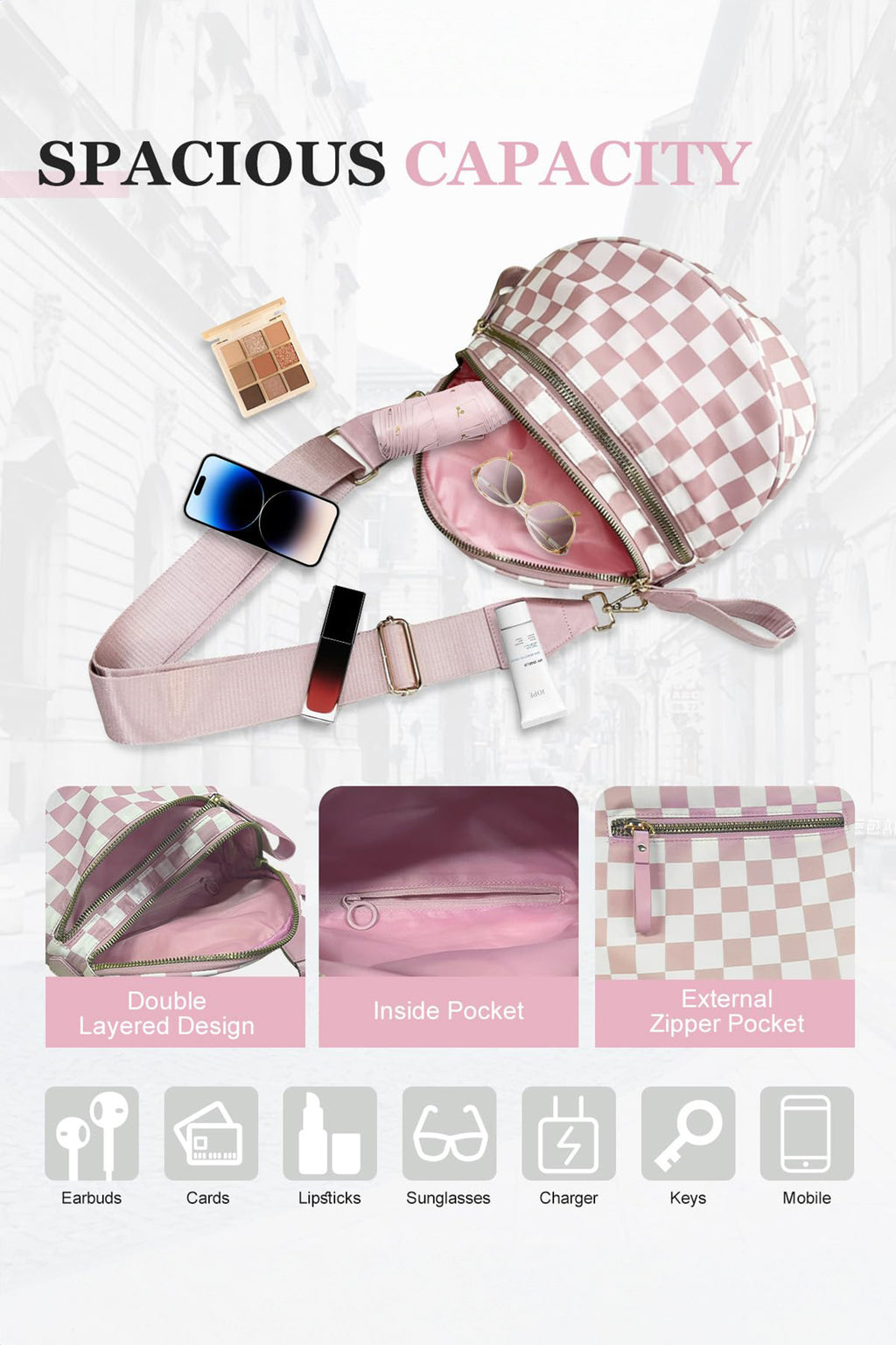 Chestnut Checkered Print Wide Strap Large Crossbody Bag