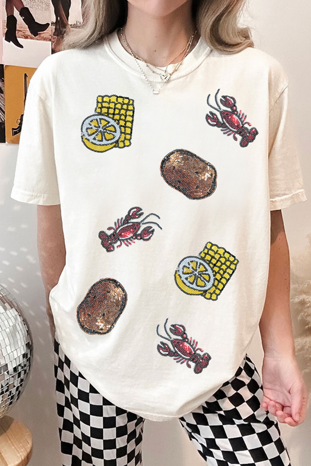 Black Sequin Crawfish Potato Lemon Corn Graphic Crewneck T Shirt