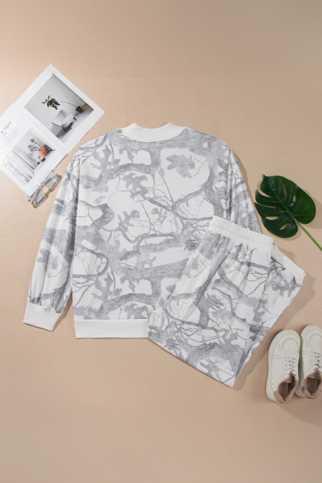 Gray Camouflage Print Stand Neck Long Sleeve Regular Fit Plus Size Set