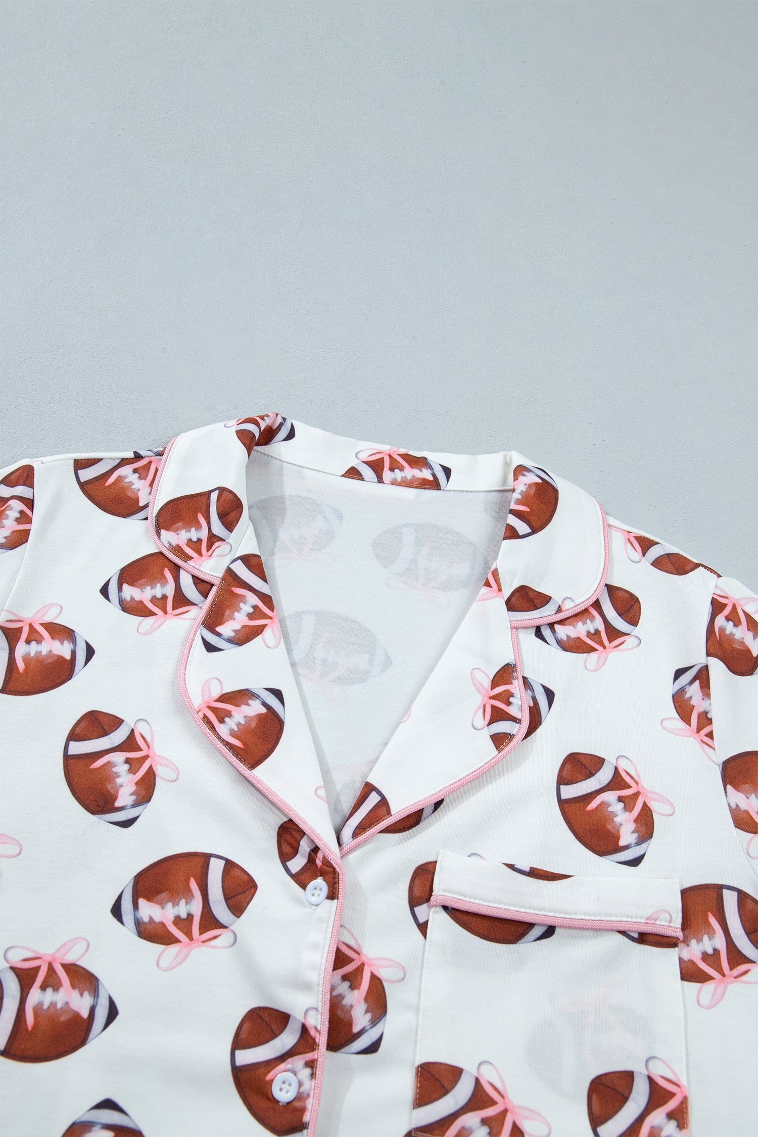 White Rugby Print Short Sleeve Button Down Top Loose Pants Game Day Pajama Set