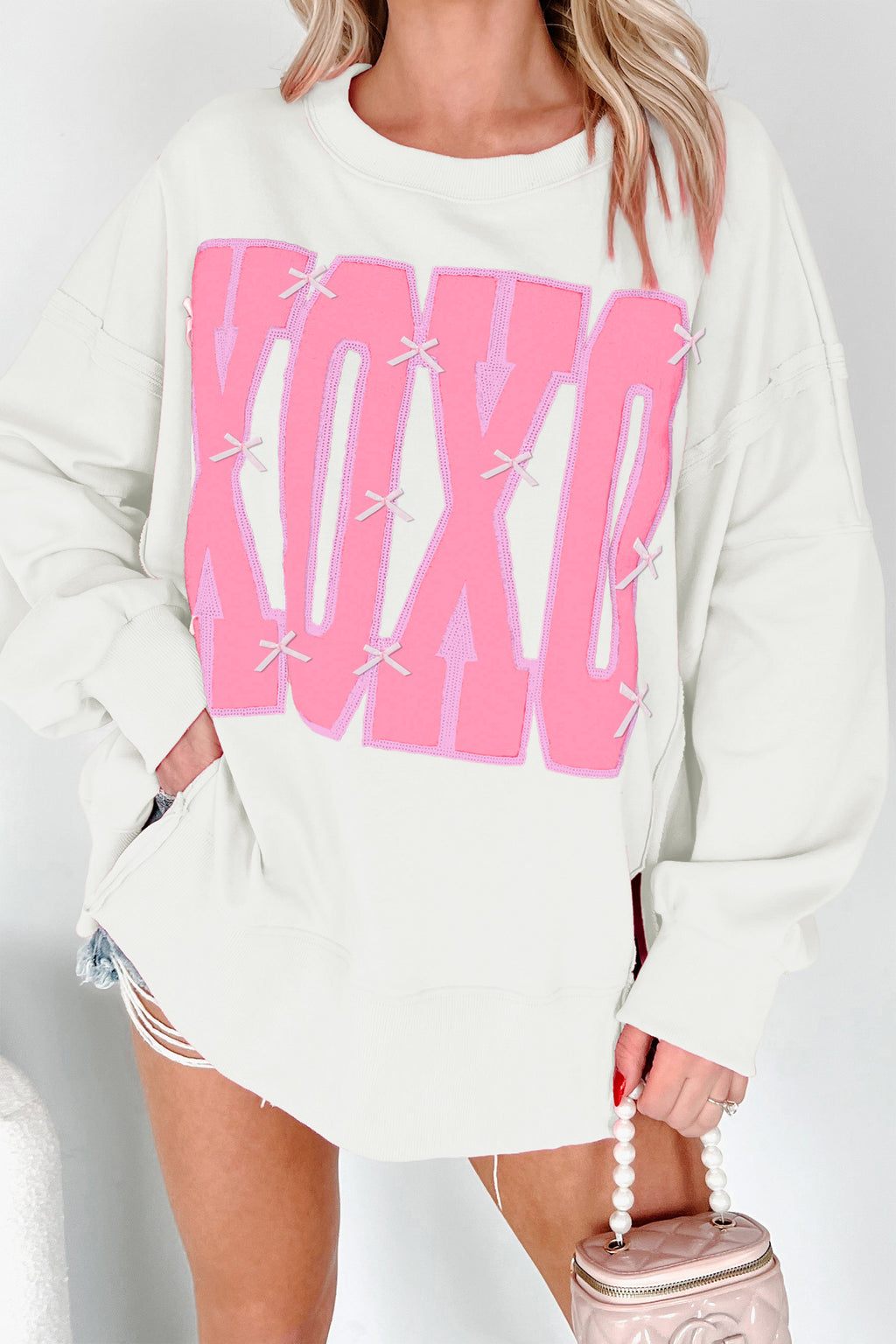 Pink Bow Sequin XOXO Letter Graphic Exposed Seam Baggy Sweatshirt