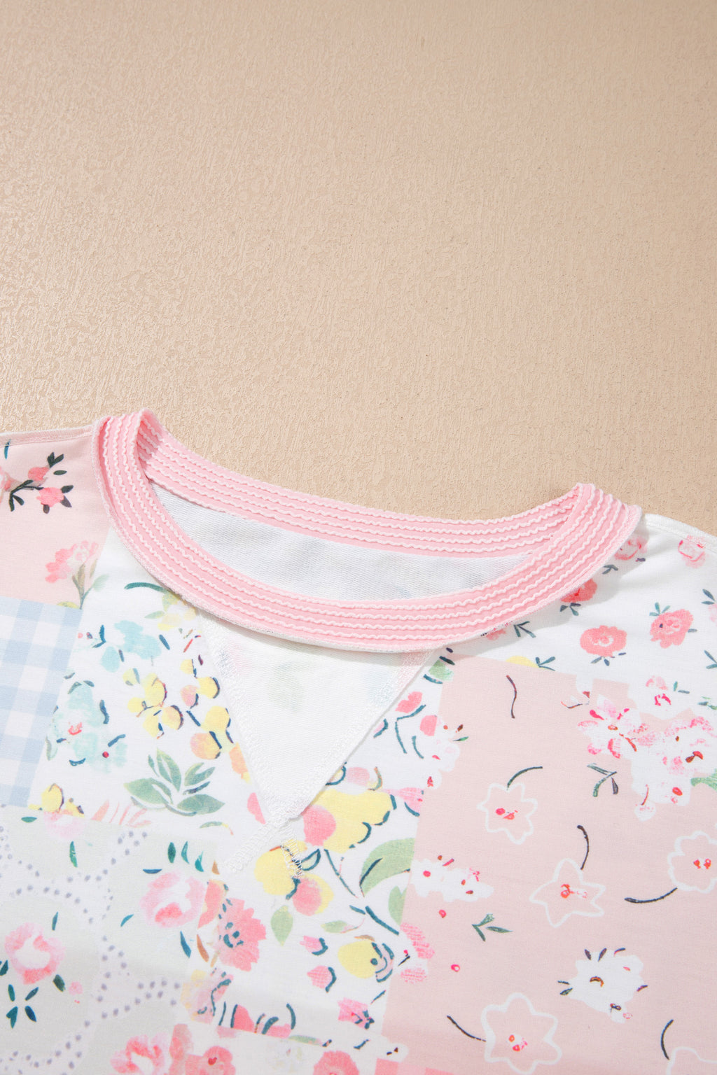 Pink Twisted Ribbed Trim Floral Print Patchwork Long Sleeve Top